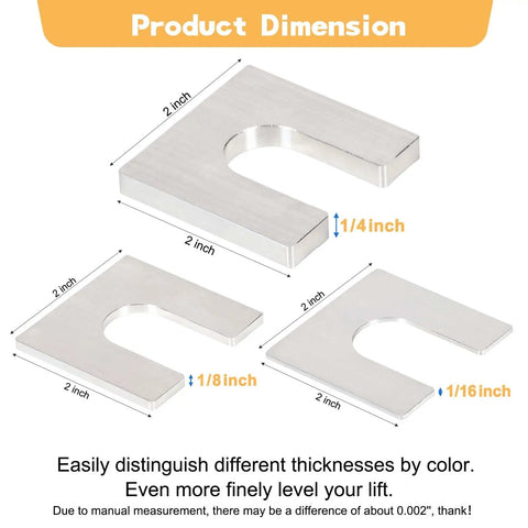 Heavy Duty Aluminum Alloy Auto Lift Leveling Shims Kit For 2 Post And 4 Post Car Garage Repair With 1/4 1/8 1/16 Inch Pads showing dimensions of shim pads.