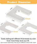 Rock Solid Sixty Piece Auto Lift Leveling Shims Kit For Two And Four Post Vehicle Hoists showing dimensions of three thicknesses 1/4, 1/8, and 1/16 inch.