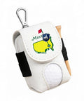 White leather golf ball pouch with silver belt clip, tee holder, graphic print, and ball visible in slot. Compact design.