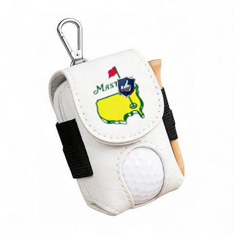 White leather golf ball pouch with silver belt clip, tee holder, graphic print, and ball visible in slot. Compact design.