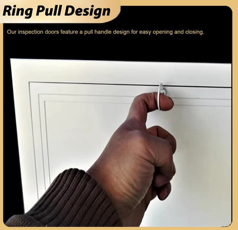 Hand using ring pull design on Heavy Duty Drywall Access Panel With Smooth Operating Handle Recessed Metal Wall Hole Cover For Indoor Hvac Ducts And Attic Laundry Sleek Aluminum Service Door 36 By 40 Inches No Sweat Install.