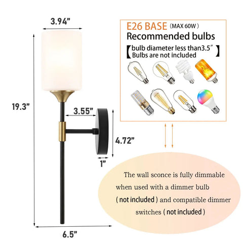 Industrial Mid Century Wall Sconce Set Of 2 With White Cylinder Glass Shades For Modern Bathroom Vanity In Matte Black And Brushed Brass Finish
