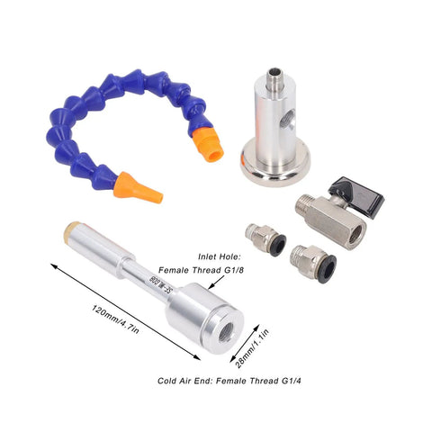 Cold Air Drying Gun With Flexible Tube And Aluminum Alloy Body, 7 Bar 520 BTU Dry Cooling Airflow System components shown