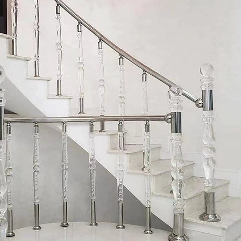 Totally Sleek And Built Tough Clear Acrylic Balusters For Deck Railing Transparent Stair Spindles With Heavy Duty Adjustable Metal Brackets Next Level Crystal Banister Posts 25 Pack 37 Inch on modern staircase.