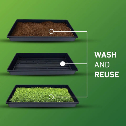 10x20 Inch Black Plastic Propagation Trays 10 Pack For Plant Propagation Seedlings Microgreens Soil And Hydroponics No Drain Holes Durable Garden Trays Built For DIY Growers - soil, empty, microgreens trays side by side