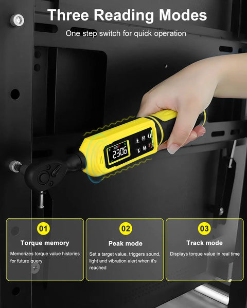 Quarter Inch Digital Torque Wrench With Color Screen and Five Units in use showing reading mode settings