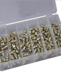 Open case displaying 110-Piece Metric Grease Fitting Assortment Kit with brass fittings for automotive and machinery maintenance.