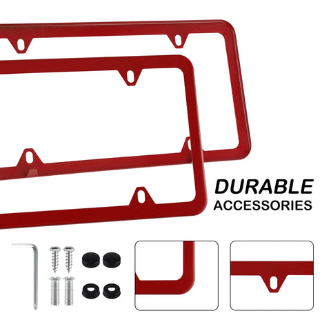 Stainless Steel 4 Hole License Plate Frames For US Vehicles Red With Screws Washers And Caps Heavy Duty Car Exterior Accessory