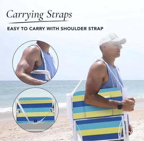 Person carrying Low Seat Folding Beach Chair With Carry Strap For Easy Transport Lightweight Portable Outdoor Lounger, bold stripe design