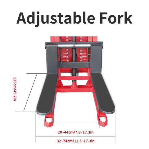 Adjustable fork of Heavy Duty Semi Electric Pallet Stacker, showcasing 115cm height and varying fork widths for lifting.