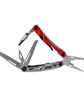 Open Locking Pocket Multi Tool 8 In 1 With Titanium Nitride Frame showing pliers, saw, and blade for camping, hunting, and fishing.