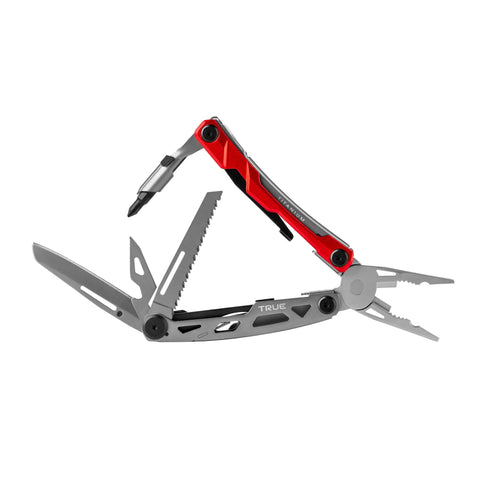 Open Locking Pocket Multi Tool 8 In 1 With Titanium Nitride Frame showing pliers, saw, and blade for camping, hunting, and fishing.