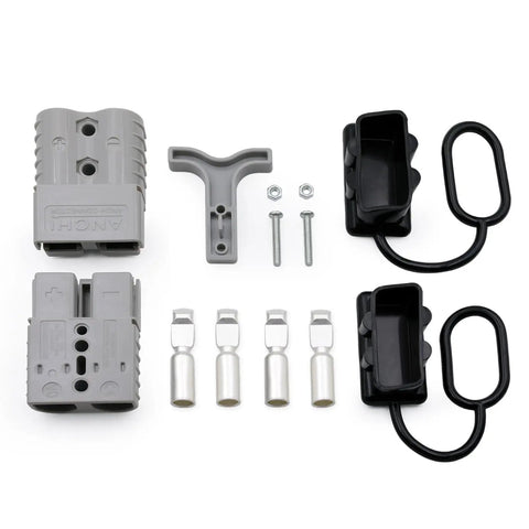 Kickass Universal 120A 6 Gauge AWG Battery Quick Connect Disconnect Kit With Dust Cover Handle, grey components for solar gear.