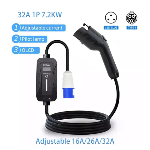 Portable Level 2 EV Charger With J1772 Type 1 Plug 32A 7.2kW EVSE, adjustable current features, rugged 5-meter cable, IP67 waterproof.