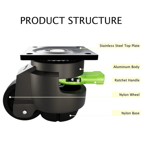 Side view of 4 Pack Leveling Casters Heavy Duty With Upgraded Ratchet 360 Degree Swivel With Feet Height Adjustable Total Capacity 2200 Lbs showing product structure with labels for stainless steel top plate, aluminum body, ratchet handle, nylon wheel, nylon base.