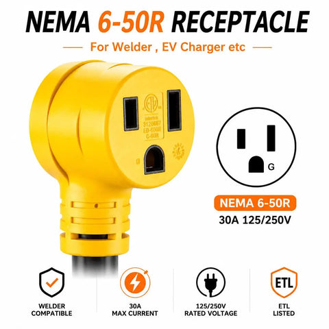 Heavy Duty Generator To Welder Adapter Cord With Nema L14-30p Male To Nema 6-50r Female Plug 1.5 Ft showing the NEMA 6-50R receptacle.