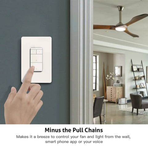 Smart Ceiling Fan Control With Dimmer For Light, 2.4GHz WiFi Only, Neutral Wire Required installed on a wall, showing user operation.