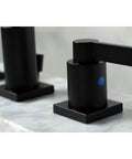 Matte Black Widespread Bathroom Faucet With Pop Up Drain, Solid Brass Construction, Drip Free Ceramic Disc, Deck Mount, handle closeup