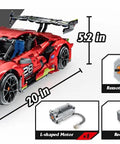 Remote Control Hypercar Building Kit With Five Fast Motors, 1835-Piece Set displayed with dimension details and components