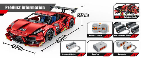Remote Control Hypercar Building Kit With Five Fast Motors, 1835-Piece Set displayed with dimension details and components