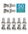 50 Pcs M6 X 20mm Stainless Steel Hex Bolts With Nuts And Washers 304 Grade Heavy Duty Fastener Kit For DIY Projects