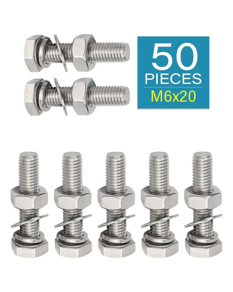 50 Pcs M6 X 20mm Stainless Steel Hex Bolts With Nuts And Washers 304 Grade Heavy Duty Fastener Kit For DIY Projects