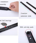 Beefy Heavy Duty Ball Bearing Drawer Slides 30kg Capacity For Kitchen Cabinets And Desks, Silent Metal Runners, Smooth 2 Section Guide Rails For Keyboard Trays, Includes Fixing Screws. Black steel 2-section drawer slides with ball bearings and anti-slip pads.