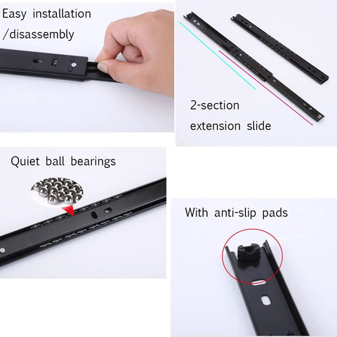 Beefy Heavy Duty Ball Bearing Drawer Slides 30kg Capacity For Kitchen Cabinets And Desks, Silent Metal Runners, Smooth 2 Section Guide Rails For Keyboard Trays, Includes Fixing Screws. Black steel 2-section drawer slides with ball bearings and anti-slip pads.