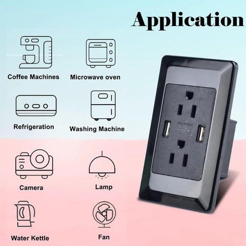 No Sweat Installation Slick Black Four In One Usb Outlet Receptacle With Dual Five Volt Two Amp Charger and Tool Free Screwless Wall Plates Hella Durable 15 Amp 125 Volt Etl Certified Forty Pack with application icons.