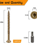 Pro Grade #8 X 2 Inch Deck Screws 100 Pack Exterior Wood Screws with T25 Star Drive and dimensions displayed.