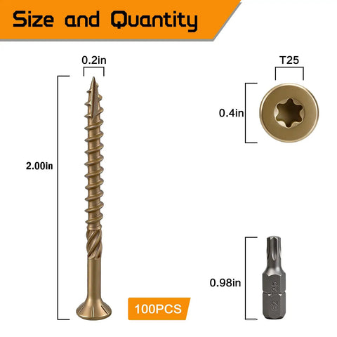 Pro Grade #8 X 2 Inch Deck Screws 100 Pack Exterior Wood Screws with T25 Star Drive and dimensions displayed.