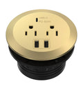 GaN Desk Grommet With 60W USB-C PD Fast Charging, 2 USB-A Ports, And Duplex Outlet Receptacles, gold finish, top view.