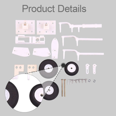 RC Airplane Landing Gear Kit With Shock Absorbing Nylon Fittings displayed in parts, showing wheels and mounting brackets.