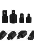 Premium Black Socket Converter Adapter Set Includes 4 Durable Tool Steel Pieces For Wrenches With Heavy Duty Impact Grade Build And Strong Torque Capacity Perfect For Any Serious Auto Repair Or Home Mechanics Job You Need To Get Done. 4-piece black steel socket adapters