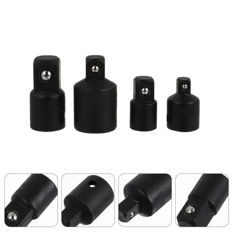Premium Black Socket Converter Adapter Set Includes 4 Durable Tool Steel Pieces For Wrenches With Heavy Duty Impact Grade Build And Strong Torque Capacity Perfect For Any Serious Auto Repair Or Home Mechanics Job You Need To Get Done. 4-piece black steel socket adapters