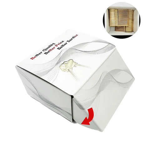 Box of SC1 Brass Finish Key Blanks Pack Of 50 Uncut Keys for locksmiths, showing brass color and packaging details.