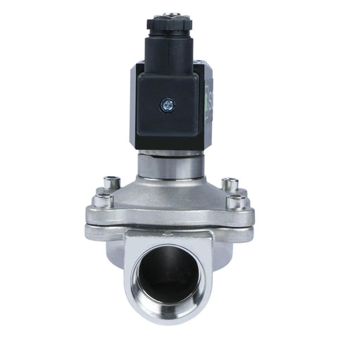Front view of 1 Inch Stainless Steel Solenoid Valve 12V DC Normally Open With Viton Seal and Junction Box Type For Industrial Use