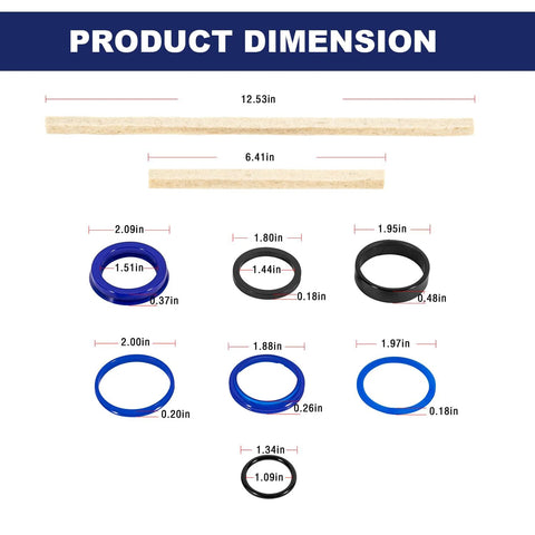 Rotary Lift hydraulic cylinder seal kit dimension diagram showing blue and black O-rings and beige spacers with measurement lines.