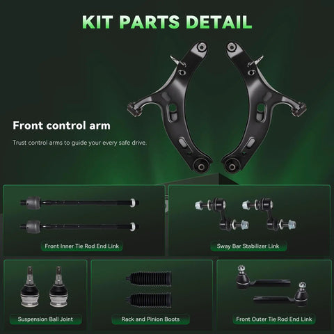 Front End Suspension Kit For 2010 2014 Subaru Outback With 2 Front Lower Control Arms 2 Ball Joints 2 Outer Tie Rod Ends 2 Inner Tie Rod Ends And Sway Bar Links, front parts detail