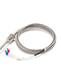 Waterproof K-type thermocouple probe in stainless steel braided sheath with 1/4 in NPT thread, 2 m insulated lead.