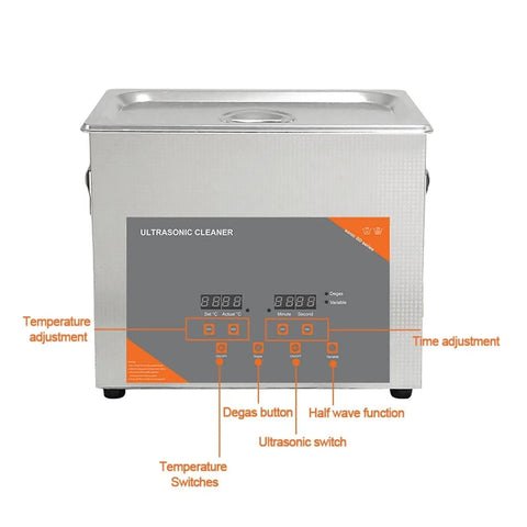 Heavy Duty 3 Liter Ultrasonic Cleaner Machine With Digital Timer And Heating Tank For Vinyl Records Carburetors Injectors Brass Auto Parts Engine Components Cleaning control panel featuring adjustment buttons.