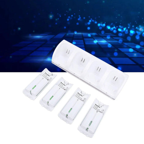 4 In 1 Remote Controller Charger Dock With 4x 2800mAh Batteries LED Display And 4.9ft USB Cable White ABS Build Charge Up To Four Controllers At Once For Gaming Consoles, shown with dock and battery packs