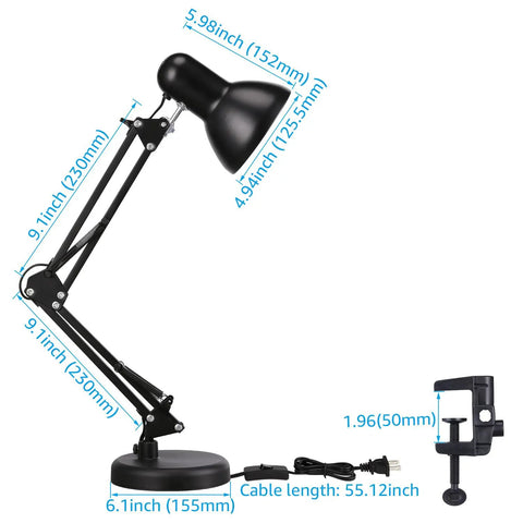 Metal Desk Lamp With Clamp And Swing Arm, Architect Styled Gooseneck Task Light for Home Office showing dimensions and clamp