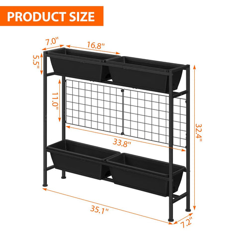 32 Inch Tall Elevated Raised Garden Bed With Trellis And Sturdy Legs For Vertical Outdoor Gardening Of Vegetables Herbs And Flowers In Four Separate Planter Boxes For Balcony Patio Or Backyard Black with product dimensions.