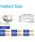 Four Pack One Inch Low Profile Rubber Swivel Furniture Caster Wheels Product Size Chart with dimensions and specifications.