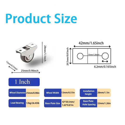 Four Pack One Inch Low Profile Rubber Swivel Furniture Caster Wheels Product Size Chart with dimensions and specifications.