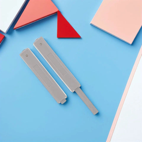 4 Pack Invisible Push Latch Kit For Wardrobe And Cabinet Doors, handle-free, on blue background with red and pink triangles