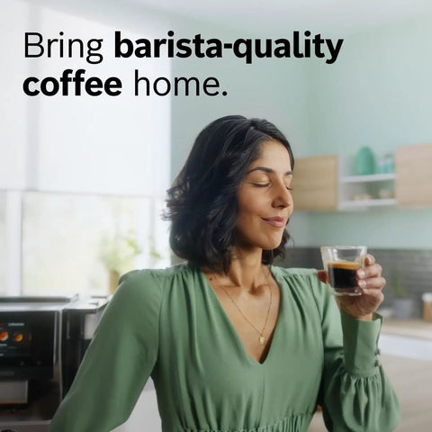 Woman enjoying espresso near Fully Automatic Coffee And Espresso Machine For Home Use With 35 Drink Menu Double Cup Barista Style Pro Level