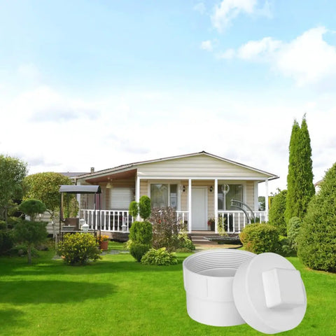 6-Inch PVC DWV Cleanout Plug Cap Female Sewer Adapter Fitting for Drainage Systems shown with residential house