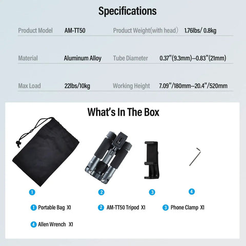 Compact Mini Desktop Tripod For DSLR, Mirrorless Camera, Phone And Action Cam With 360 Degree Ball Head, AM TT50 with accessories
